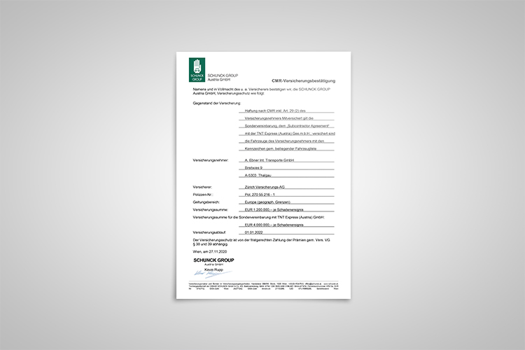 2021 CMR-1 Versicherungsbestätigung